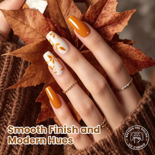 Image of Beetles Fall Gel Polish Set - Amber Season with Color Card, 6 Colors Yellow Brown Gel Nail Polish Set 15ML Full Size, Same Color Same Bottle, Long-Lasting Soak Off UV Lamp Fall Nails Art