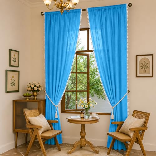 Image of THE LINEN COMPANY Cotton Curtains Net Curtains with Pom Pom Lace Rod Pocket Sheer Curtains Light Filtering Window Curtains Living Room Curtains Carolina Blue 10 Ft Pack of 2