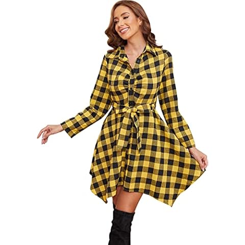 FANCYINN Casual Check Dress Long Sleeve Plaid Button Down Shirt Xmas Dresses for Women Cover