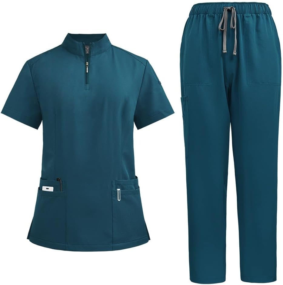 Scrubs for Women Set,Zipper Multiple Pockets Nurse Uniform,Unisex Top&Straight Leg Pants Medical Uniform for Doctors