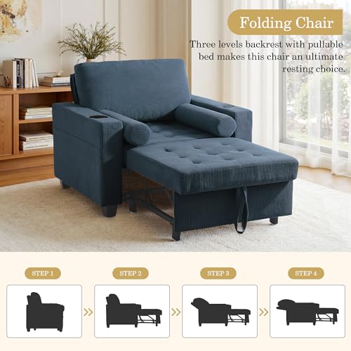 Image of 3-in-1 Sleeper Chair Pull Out Sofa Bed, Convertible Reclining Seat Upholstered Armchair, Adjustable Backrest Recliner Chair - Navy Blue