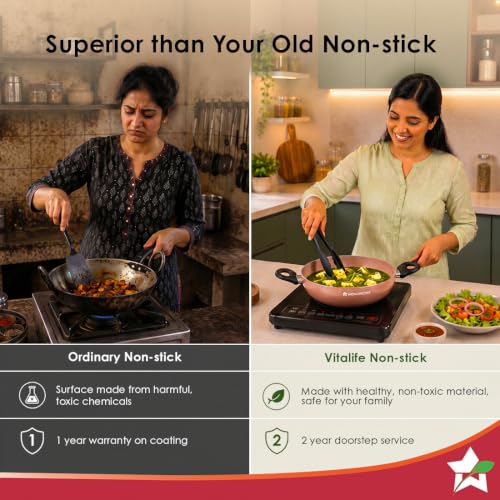 Image of Wonderchef Vitalife Non-Stick Kadhai & Glass Lid for Kitchen, 24cm, 2.5 L, Non-Toxic Coating, PFOA-Free, Cool-Touch Handles, Scratch-Resistant, Gas & Induction Compatible, 2-Yr Warranty, Terracotta