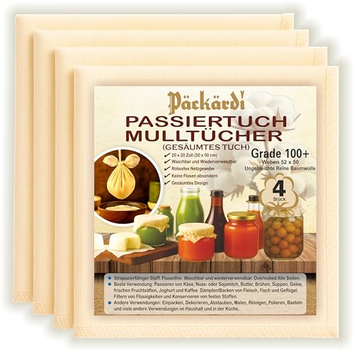 Grade 100+ PACKARDI Passiertuch 4 Stück ca. 50x50 cm je Käsetuch, Cheesecloth Filtertuch Seihtuch 100% ungebleicht, aus reiner Baumwolle, fusselfreie Mulltücher mit vernähten Ecken