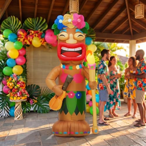 Image of Shappy 5 ft Tiki Inflatable Surfboard for Luau Hawaiian Party Decorations Summer Inflatables Outdoor Built-in LED Blow up Tiki Beach Tropical Aloha Bar Beach Pool Surfing Yard Party Decorations