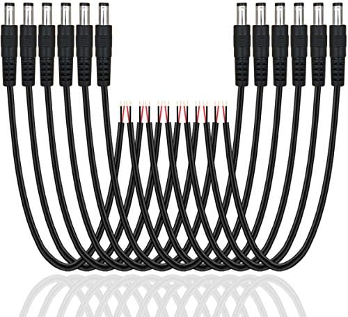 12 Pack DC Power Cable 12v DC Power Plug Cord Male Connectors 2.1mm x 5.5mm DC Pigtail Adapter Barrel Jack Socket Wire for CCTV Security Camera,DVR,Car Rearview Monitor System Video,LED Strip Light