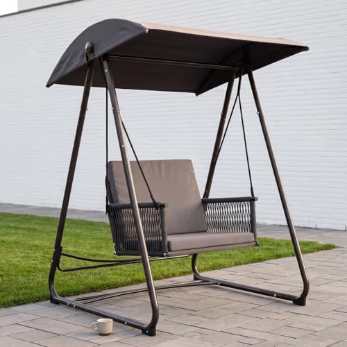 Image of Porch Swing with Stand, Outdoor Swing with Canopy, All Weather Outdoor Swings for Adults, 400lbs Heavy Duty Porch Swings with Removable Cushions, Single Hanging Chair for Small Space, Grey