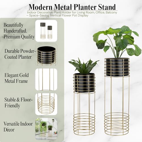 Image of Metal Floor Planter with Stands (Set of 2), Modern Tall Planter for Home Decor, Decorative Plantpot for Living Room Balcony Office, Big Plant Stand with Pots (Plants not Included) (Black Pot & Gold Stand)