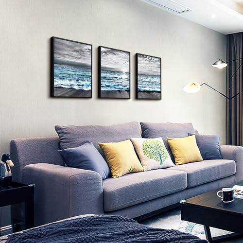 Black Framed Canvas Wall Art For Living Room & Bedroom Decor - Black And White Beach Wall Painting - Blue Ocean Sea Wave Pictures - Modern Office Posters - Home Decor Set of 3