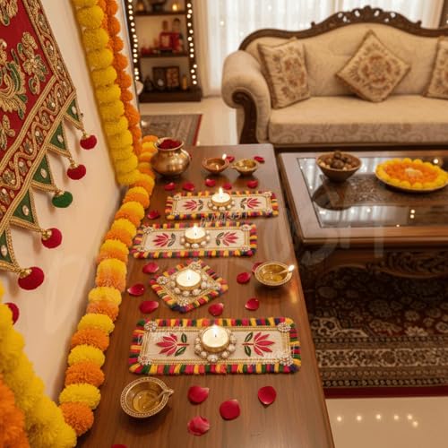 Image of Divyakosh Handmade Lotus Tea Light Table Runner Set of 2 with Led T-Light | Decorative Center Table Runner with Candle Holder | Diwali, Pooja, Wedding & Festive Home Decor