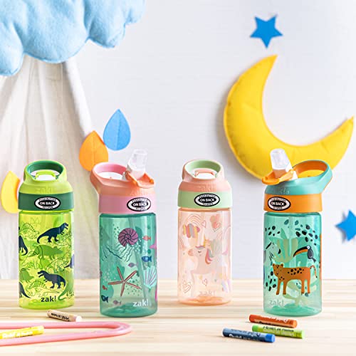 Image of Zak Designs 16oz Riverside Kids Water Bottle with Spout Cover and Built-in Carrying Loop, Made of Durable Plastic, Leak-Proof Water Bottle Design for Travel (Unicorn & Dino Camo, Pack of 2)