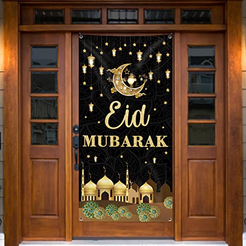 Eid Mubarak Dekorationen, 180 x 90 cm, großer Stoff, muslimisches Ramadan-Kareem-Banner, Ramadan-Mubarak-Schild, Fotoautomaten, schwarz, goldfarben, Hintergrund für muslimische Partyzubehör Cover