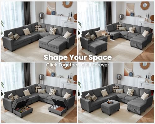 Image of CHIC HOUSE Modular Corner Sectional Sofa with Storage Ottoman, Corduroy L-Shaped Couch, Compact Small Space Furniture for Living Room & Apartment, (Dark Grey, 9 Seater L-Shaped)