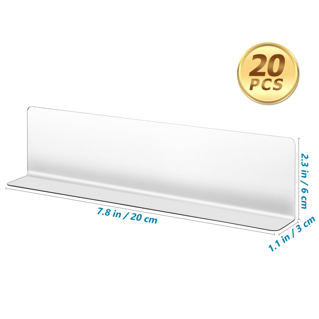 Amosfun Divisori Trasparenti a L 7.87X2.36X1.18 Pollici 20 Pezzi Separatore per Scaffali Supermercato Armadietti Cucina Organizer Interno Mensole