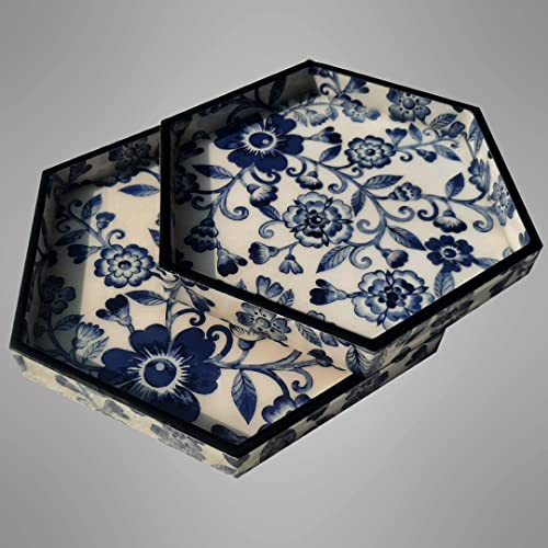 Hexagon Trays Set of 2 | Serving Trays | Gift Item | Wooden Tray | Kitchen , Dining , Decorative Product | Resin Tray | Handmade | Handicraft Product | Neelkanth Tray (Blue-White)