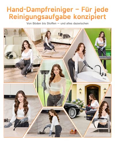 Gautye Dampfreiniger 3 stufig verstellbarer Griff, 10 Sekunden Aufheizzeit, 2L Wassertank, steam cleaner mit 18 Zubehörteilen, Dampfreiniger handgerät für Küche, Badezimmern, Boden, Autos, Fenstern