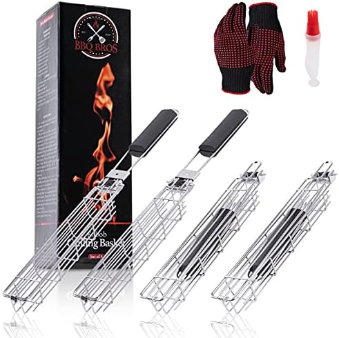 BBQ Bros Large Kabob Grilling Baskets Set of 4 - Foldable - Kebab Grill - for Outdoor Grilling - Includes Kebab Oil Brush Bottle & Grill Gloves - Dishwasher Safe
