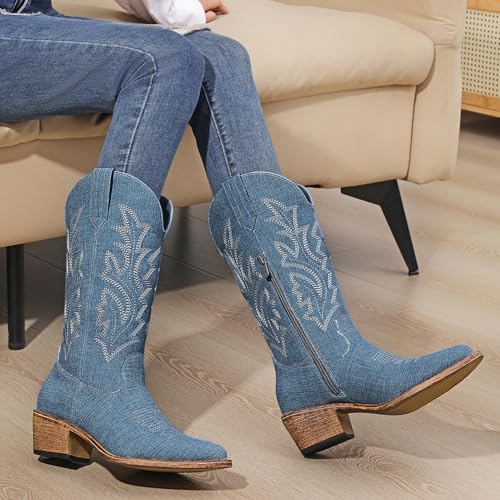 Image of GLOBALWIN Women's Mid Calf Western Cowboy Boots Cowgirl Boots for Women with Floral Embroidery Side Zipper Chunky Heel