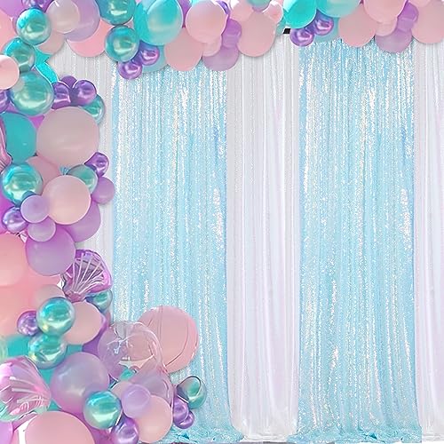 Image of Mermaid Blue Sequin Backdrop 2 Pcs 2ftx8ft Glitter Backdrop Curtains for Mermaid Themed Birthday Party Decorations