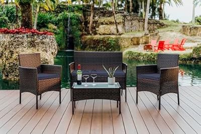 Nestl Wicker Patio Furniture Set - 4 Piece Patio Set with Patio Chairs Set of 2, Loveseat, Glass Top Coffee Table, Outdoor Furniture Sets for Backyard or Pool, Front Porch Furniture Set (Brown/Navy)