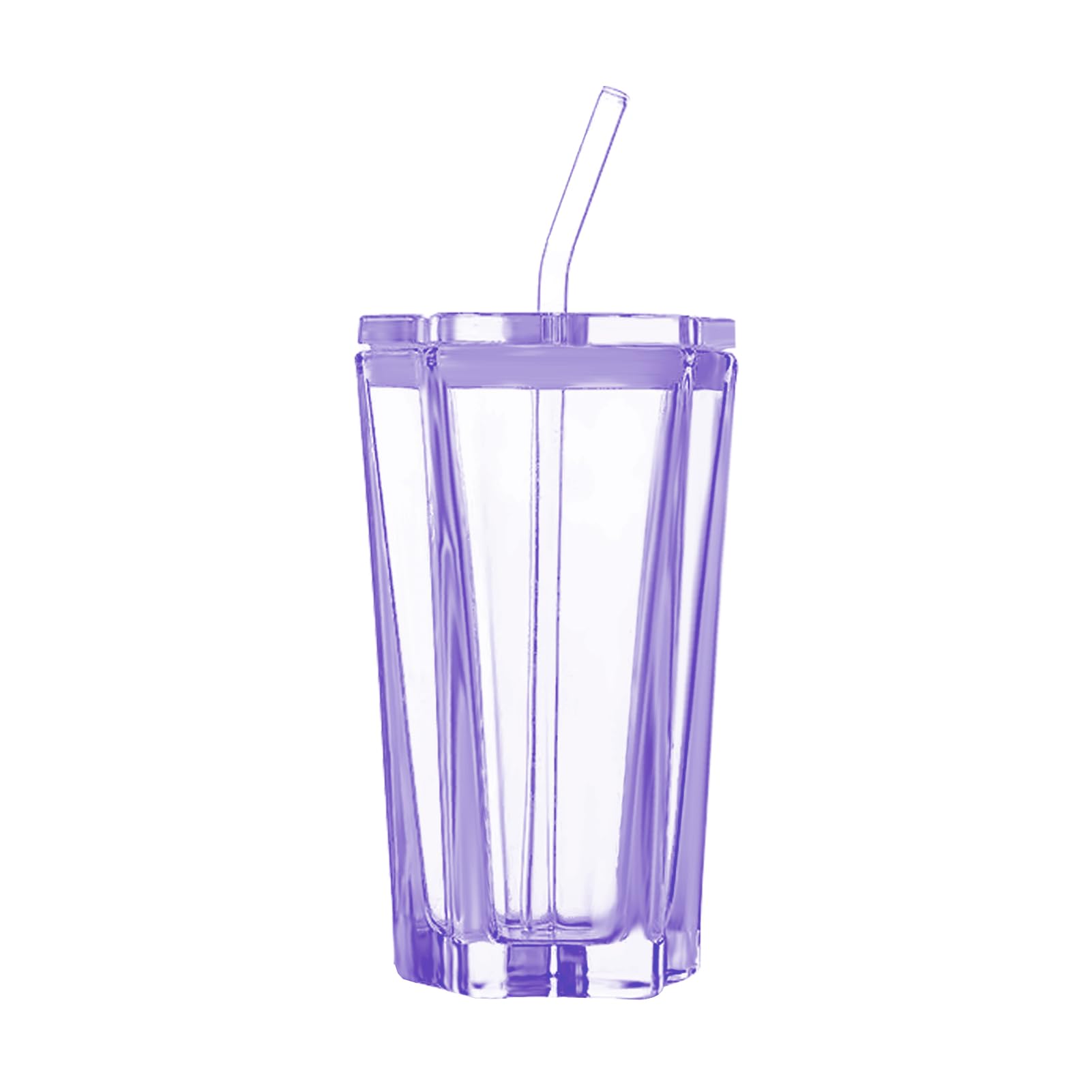 UIYIHIF 2PCS Drinking Glasses with Glass Lids and Straw, 300ML Pentagram Shaped Glass Cups, Color Gradient Glass Cup for Whiskey, Soda, Tea, Water(purple)