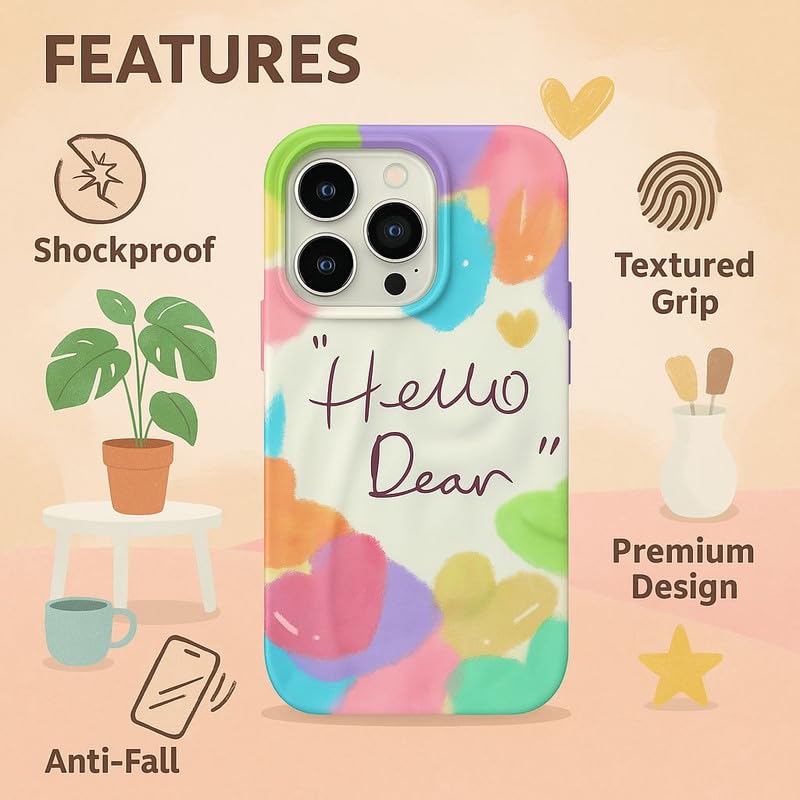 Image of COVERLY for iPhone 14 Plus Hello Dear Quote Quirky & Trendy Wrinkle Phone Case, Luxury Texture Pattern Retro Cute Colorful Artistic Cool Design -Aesthetic Princess Cover for Apple iPhone 14 Plus