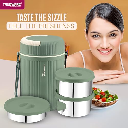 Image of Trueware Plastic Grub 2 Double Wall Insulated Hot Lunch Box with 2 Ss Container 300 Ml Each & 1 Ss Container 200Ml | Bpa Free | Food Grade | Hot and (LBI-GRB-002-Green BAZ)
