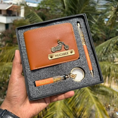 Image of Teak Wood Customized Leather Wallet Pen Keychain Gift Set for Men with Name, Personalized Brown Purse Combo, Stylish Gift for Husband, Boyfriend - Mens Wallets, Wallets for Man, Men Wallet (Orange)