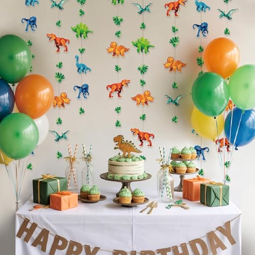 Image of Cheerland Dinosaur Garland Dino Birthday Decorations Jurassic Party Decorations Hanging T-Rex Dino Party Streamers Geometric Dino Party Jurassic Theme Backdrop Pack of 6