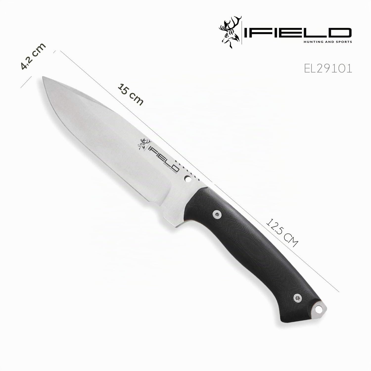 iFIELD EL29101 Multifunzionale escursioni, caccia e sopravvivenza coltello per l'esterno, G10 manico nero con acciaio inox MOVA-58, fatto in Albacete (Spagna)