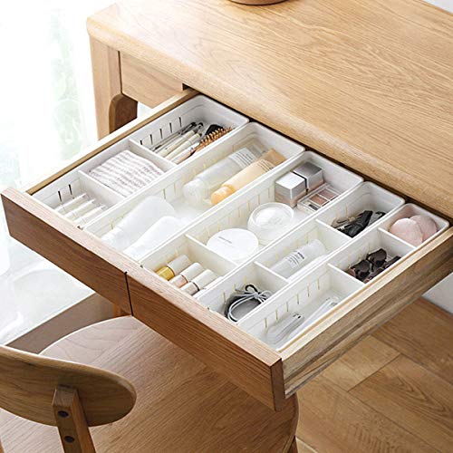 WOWGANISER White Drawer Organizer for Makeup Bathroom Organizer, 12 Adjustable Dividers, White Plastic, Set of 4 Trays, 13.8