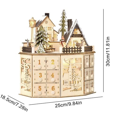 Calendario dell'avvento natalizio in legno, calendario dell'Avvento in legno, con luci a LED, 24 cassetti, tavolo illuminato, decorazione natalizia per le vacanze, per bambini e adulti