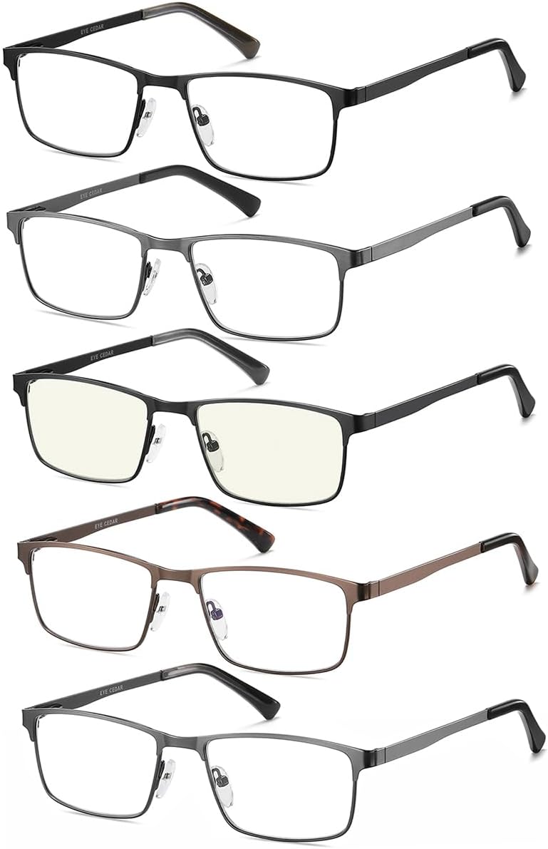 EYECEDAR 5-Pack Reading Glasses Men Metal Frame Rectangle Style Stainless Steel Material Spring Hinges with Computer Eyeglasses Readers 1.50