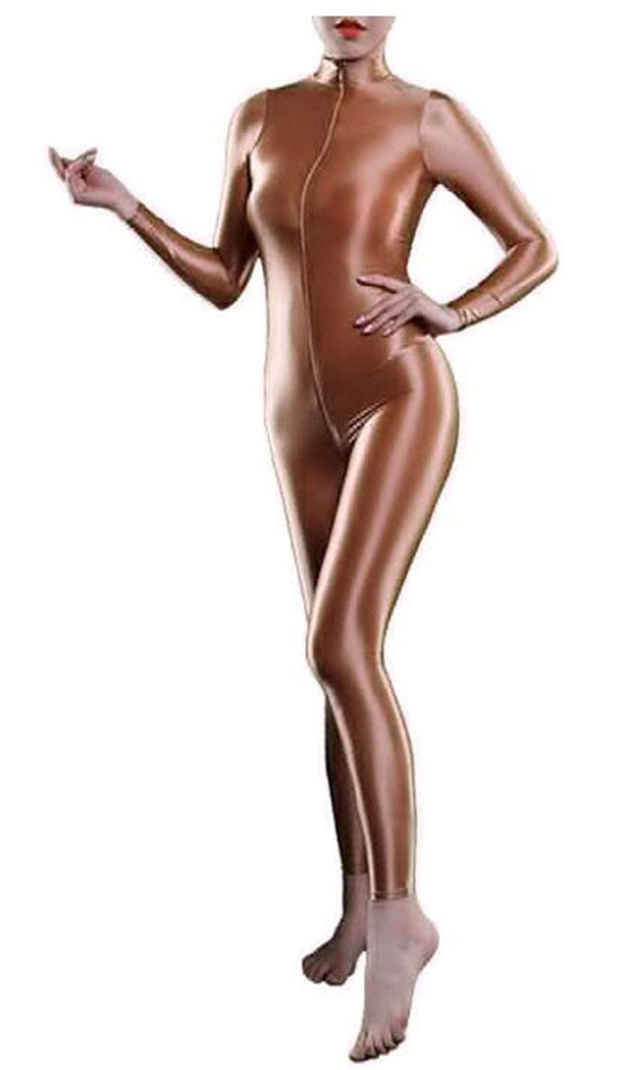 YaaapiyWoman's Sheer Shiny Bodystocking Lingerie High Neck Long Sleeve Zipper Crotch Bodysuit Catsuit