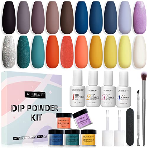 20 Colors Dip Powder Nail Kit Starter, AZUREBEAUTY Brown Blue Emerald Green Acrylic Dipping Powder System Essential Liquid Set with Top/Base Coat for French Nail Manicure Extension Beginner DIY Salon