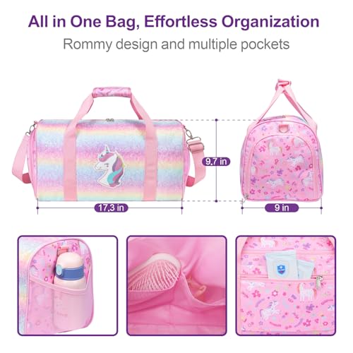 Bagseri Dance Bag for Girls - Ballet Tote with Shoes Compartment, Kids Duffle Bag for Overnight Travel with Dry Wet Separation Pockets（Glitter Unicorn, Pink）3