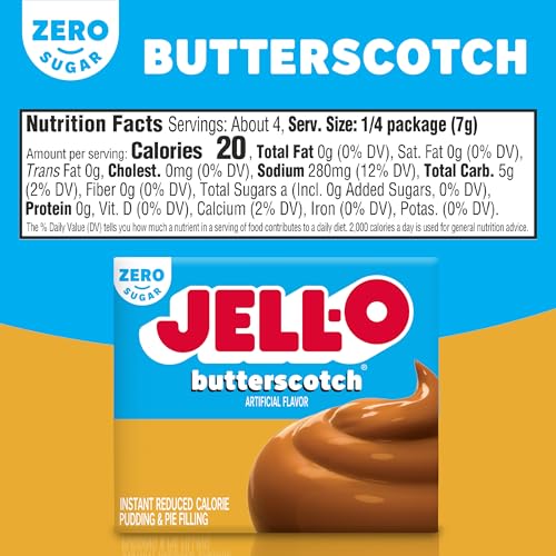 Image of Jell-O Zero Sugar Instant Pudding & Pie Filling Mix, Butterscotch Flavored, Reduced Calorie Dessert, Smooth & Creamy for Baking, Pies & No-Bake Recipes, 1 oz (Pack of 12)