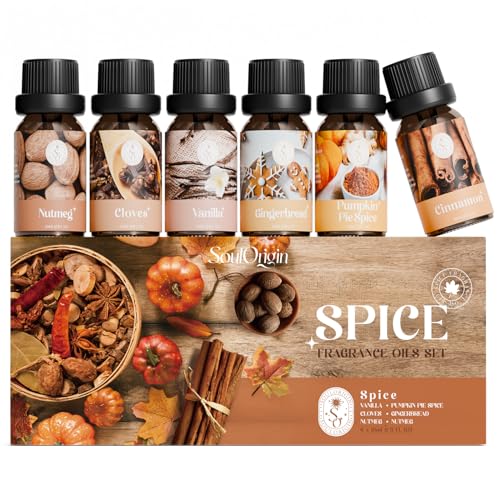 Soulorigin Autumn Spice Essential Oils Set Cozy Fall Fragrance Oils for Diffuser & Candle Making Cinnamon Vanilla Pumpkin Pie Nutmeg Clove Gingerbread Warm Home Aroma & Gift Set