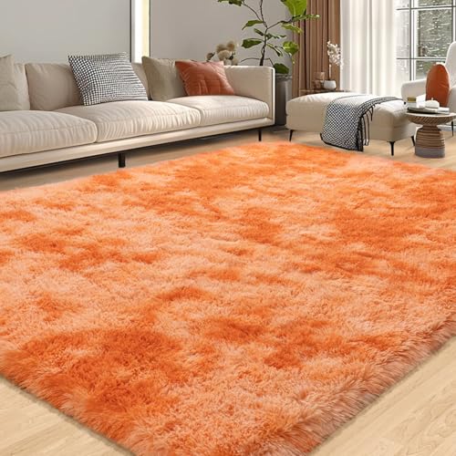 Shag Area Rug 6x9 for Living Room, Large Orange Fluffy Rug for Bedroom Girls Kids Teen Room, Soft Fuzzy Plush Carpet for Nursery Dorm, Non Slip Indoor Shaggy Throw Rug for Home Decor, Orange Tie Dye