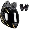 All Season Personalized Cat Ears Motorcycle Helmet +Gloves, Adult Men Women Full Face Cool Modular Motorcycle Helmets for Electric Scooter Moped Cruiser, Comfortable Breathable, DOT Approved, S