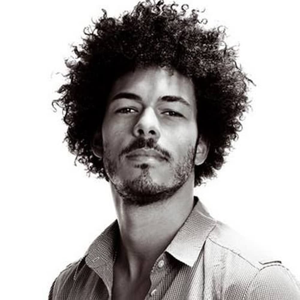 MIMAN Men's Short Curly Human Hair Wig Natural Black Afro Wigs Men 70s Disco Rocker Cosplay Costume Wigs 8 Inch Male Short Curly Hair Replacement Wig Mens Halloween Costume Wigs