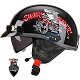 Moto Casco Bluetooth Retro Medio Jet para Hombre Mujer, ABS Ventilado con Revestimiento Desmontable Visera Retráctil Vintage Scooter Patinete Electrico