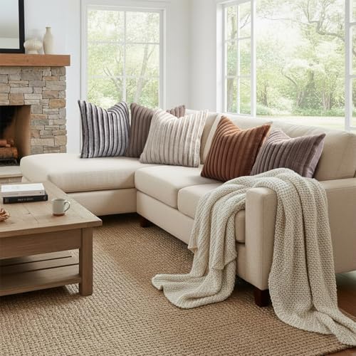 Image of decorUhome Fall Cozy Faux Fur Throw Pillow Covers 20x20 Set of 2 Decorative Soft Plush Striped Modern Farmhouse Boho Couch Pillow Cases with Velvet Back for Sofa Bed Living Room, Brown