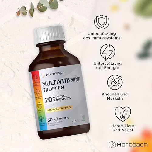 Multivitamin Komplex Tropfen | 480ml | Vegan | 20 essentielle Nährstoffe | Hochdosiert Vitamin | 30 Portionen | Orangengeschmack | Horbaach