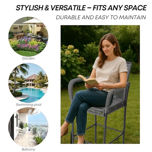 Image of Outdoor Bar Stools Set of 2, Patio Bar Stools with Armrests, All Weather Wicker Rattan Bar Chairs with Backrest for Backyard, Garden, Pool, Balcony and Deck (Light Gray)