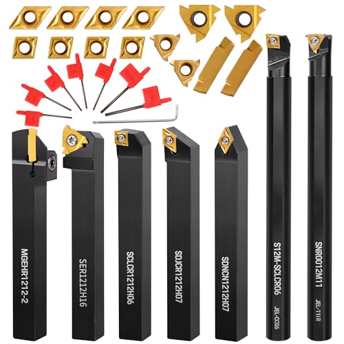 Lathe Turning Tool Kit, 7pcs 1/2'' Indexable Metal Lathe Tool Holders with 14pcs Carbide Inserts, for Turning, Boring, Grooving, Cutting & Threading, for Professionals & DIY Enthusiasts