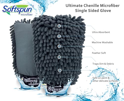 SOFTSPUN Microfiber Chenille & Glass Cloth Mitt, 2 Piece Combo 1700 GSM Grey! Multi-Purpose Super Absorbent and Perfect Wash Cleaning for Bike Auto, Cars Both Interior and Exterior. - Image 4