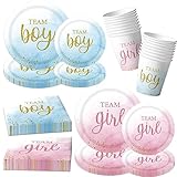 Gender Reveal Party Supplies - 80Pcs Team Boy or Team Girl Tableware Set Disposable Paper Plates,Napkins Gender Reveal Theme Table Decorations for Baby Shower Decorations,Boy or Girl Party