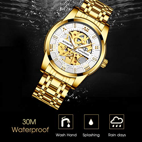 A ALPS Relojes mecánicos automáticos de Acero Inoxidable Negro para Hombre con Esfera de Diamantes y números Romanos, Correa de Oro Blanco 14, Pulsera de Oro Blanco 14