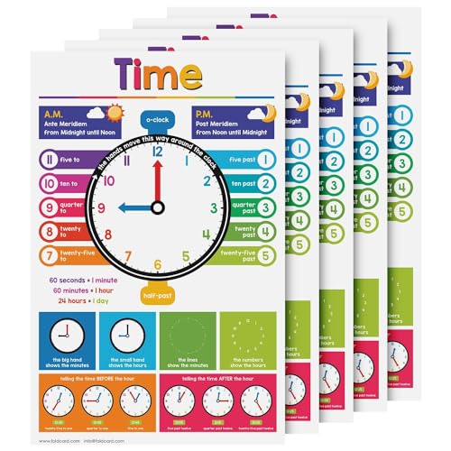 Time Educational Charts for Preschool to Gradeschool – Bright and Colorful Visual/Learning Aid Wall Art Poster for Classroom or Home | Printed on Glossy Durable Cardstock | 11" x 17" | 5 per Pack