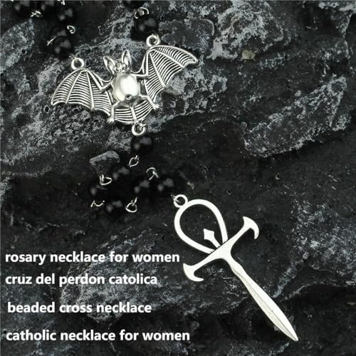 Ankh Cross Bat Necklace Religious Grunge Gothic Vampire Black Long Rosary Beaded Ancient Egyptian Necklace for Women4